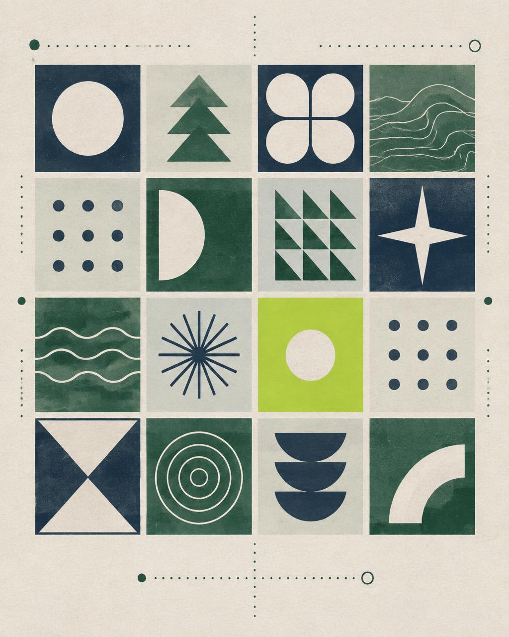 Abstract field-note illustration of a game grid in Nordic blue and pine